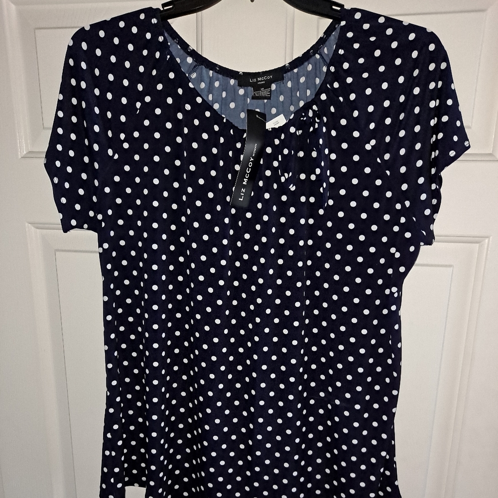 Plus size 1X Navy Blue Polka dot blouse